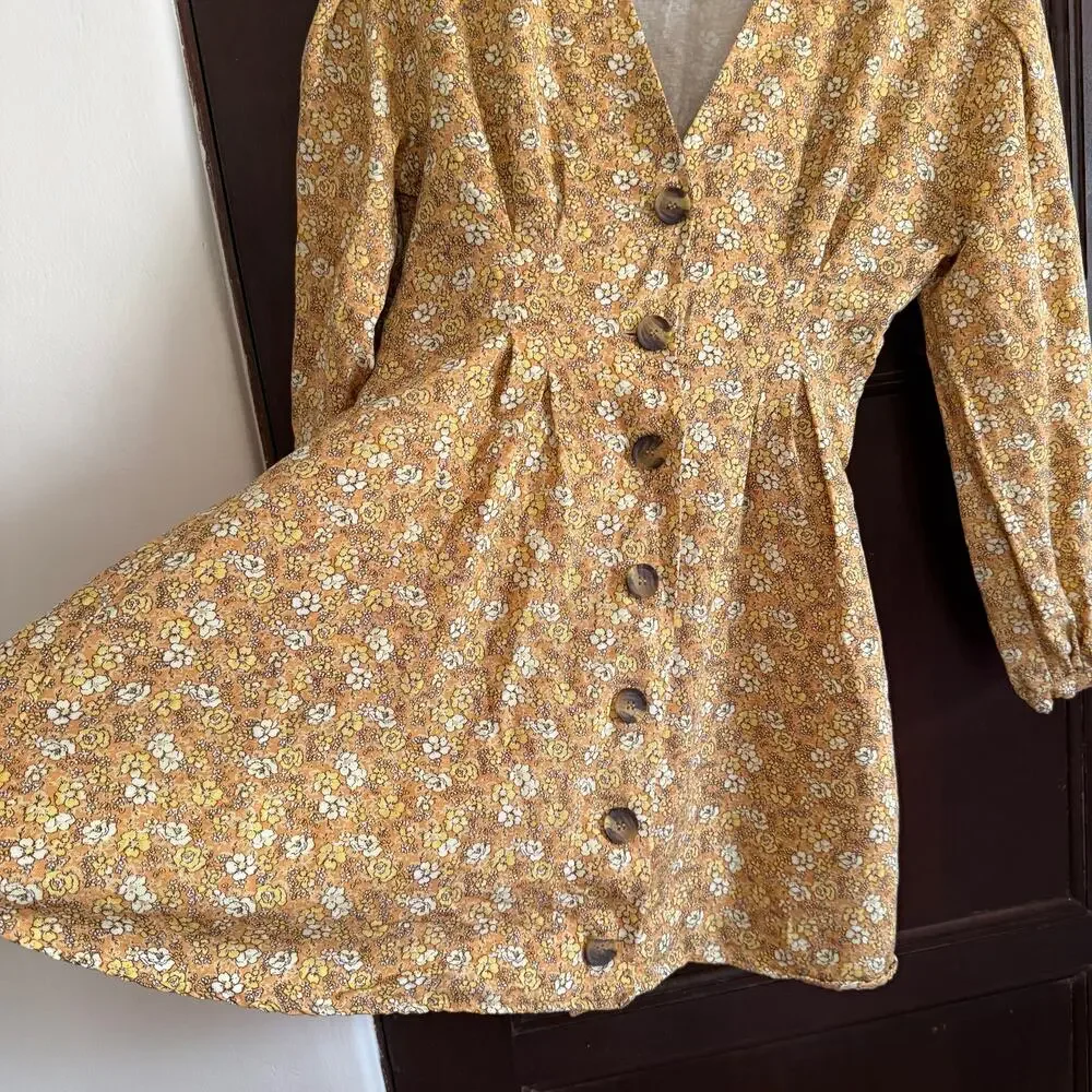 Free People Portobello Dress Mustard Yellow Linen Blend Twill Floral Dress | 4